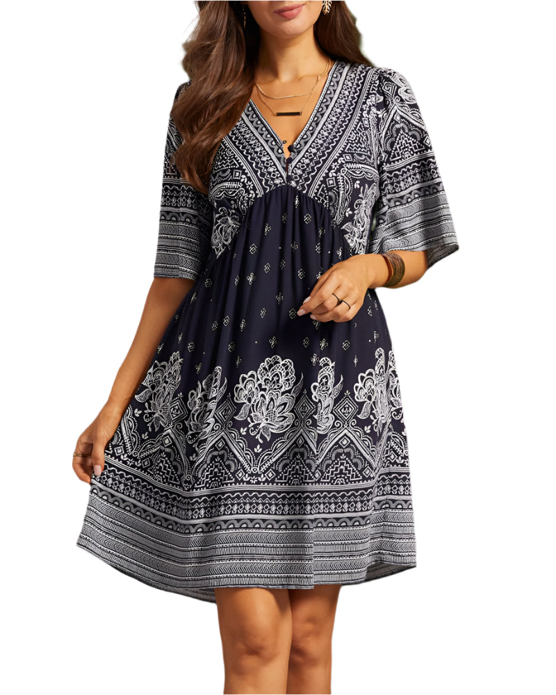 Ivana | Boho Kleid mit V-Ausschnitt und Druck