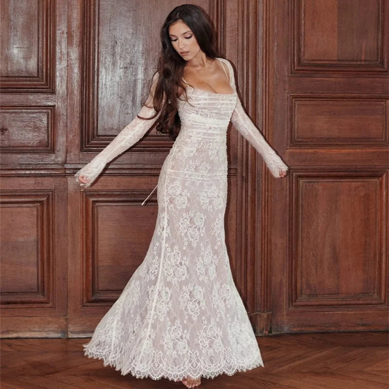 Ninon | Vestido Largo De Encaje Con Cuerda De Ajuste Y Chal