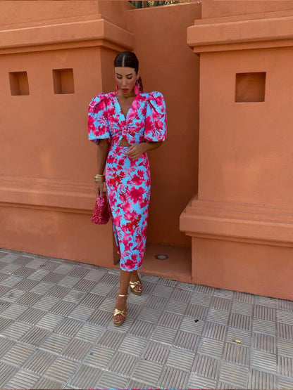 Héloïse | Vestido Ceñido Con Escote En V – Mangas Abullonadas Y Estampado Gráfico 