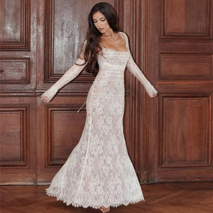 Ninon | Vestido Largo De Encaje Con Cuerda De Ajuste Y Chal 