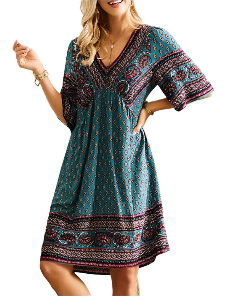 Ivana | Boho Kleid mit V-Ausschnitt und Druck 