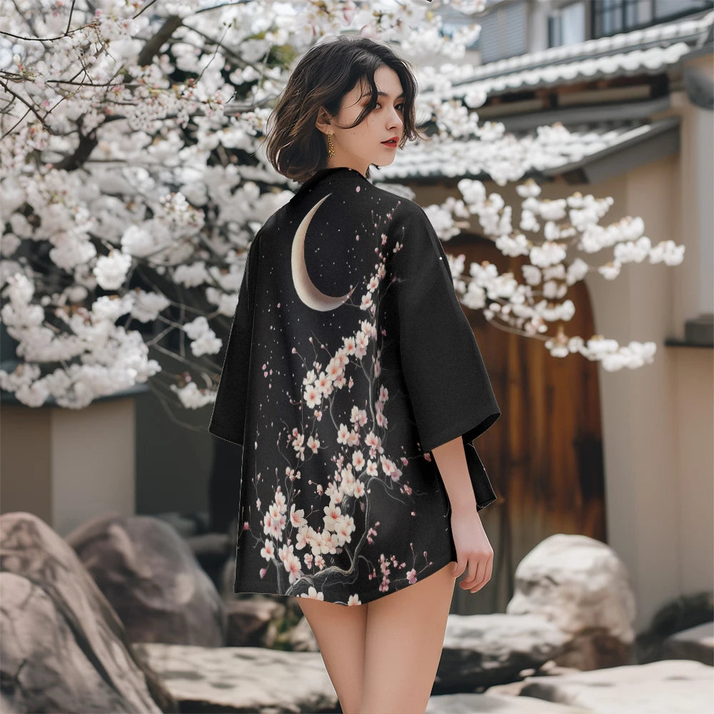 Clémence | Kurtka Kimono Damska Czarna w Kwiaty Wiśni 