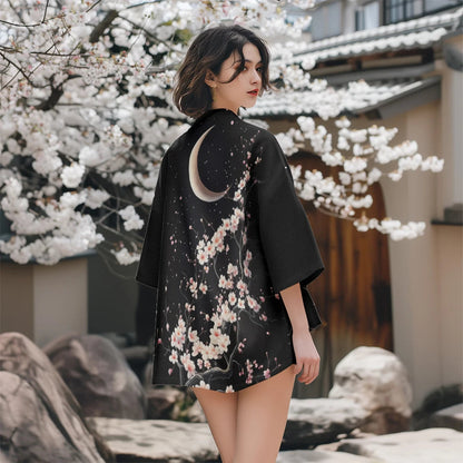 Clémence | Kurtka Kimono Damska Czarna w Kwiaty Wiśni 
